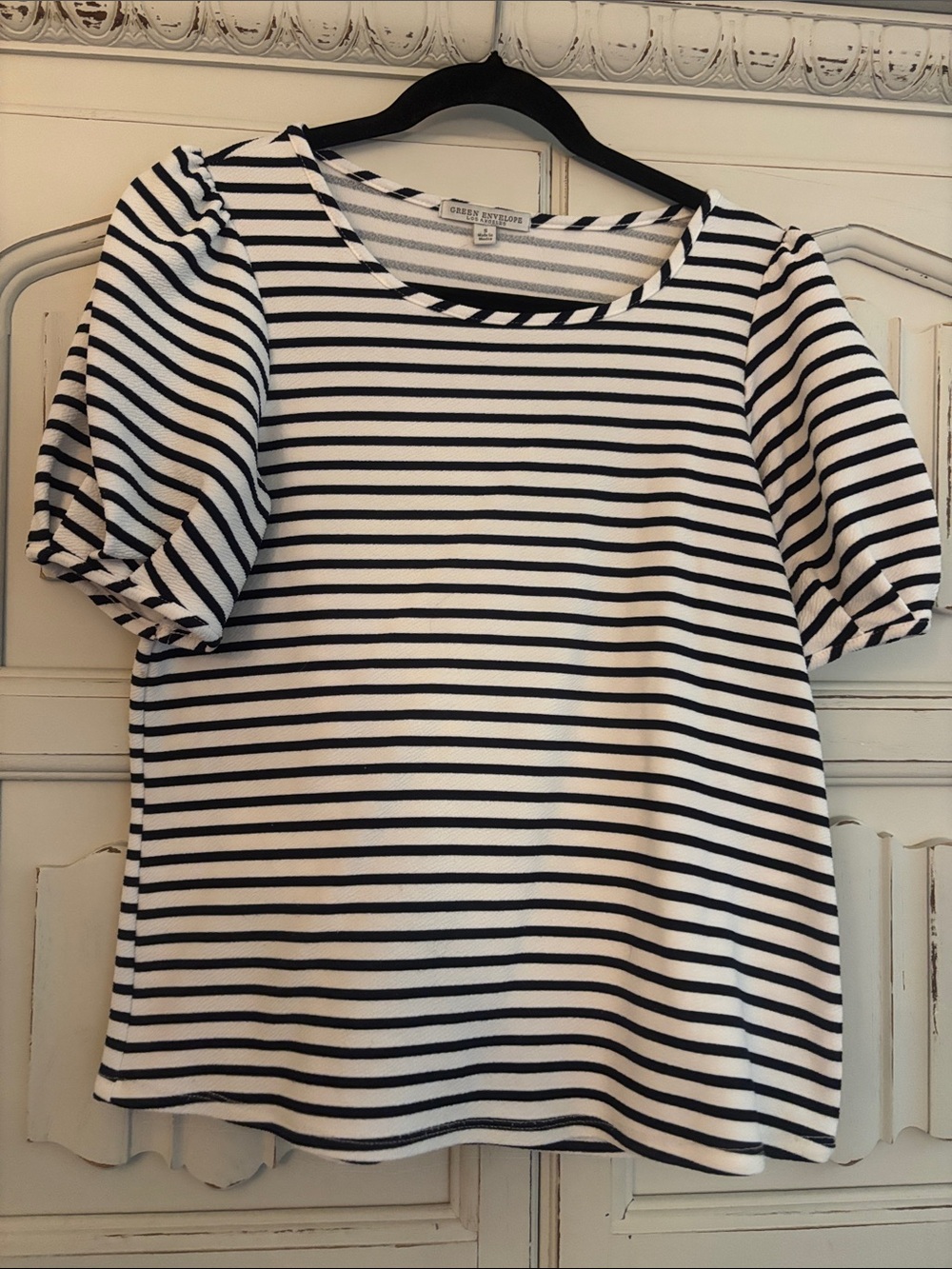 Green Envelope Navy & White Striped Puff Sleeve Tee
